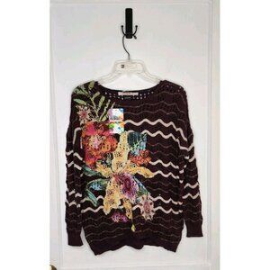 NWT Size US XS Desigual Burgundy Brown Knit Sweater Floral Oversized